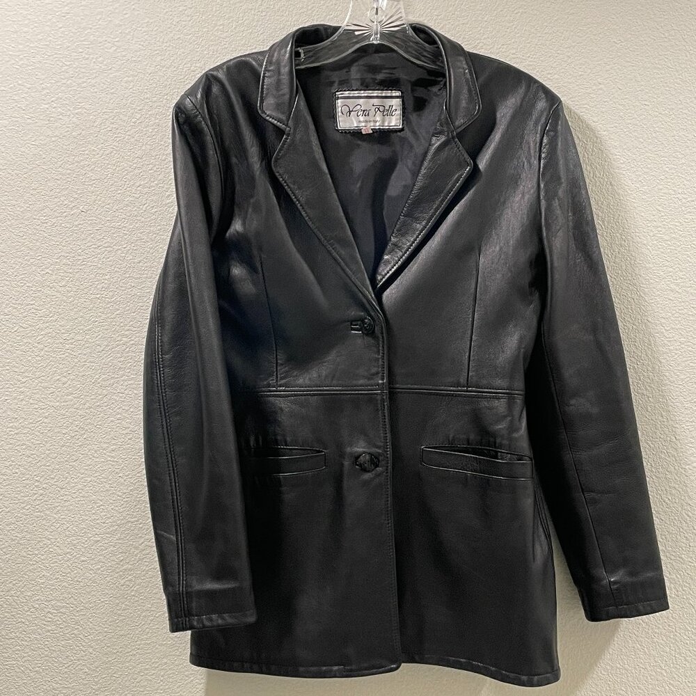 VERA PELLE Made in Italy Calfskin Leather Blazer Fully Lined, Black - 10/42
